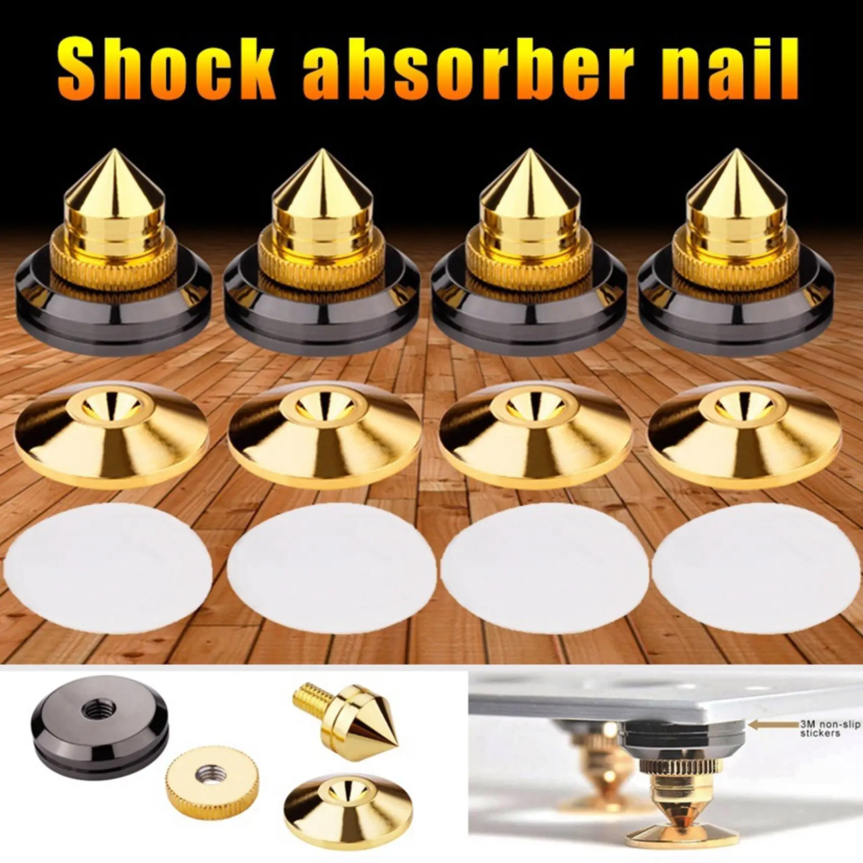ABZW 8X Gold Speaker Spike With Floor Discs Stand Foot Isolation Spikes Professional Speaker Accessories