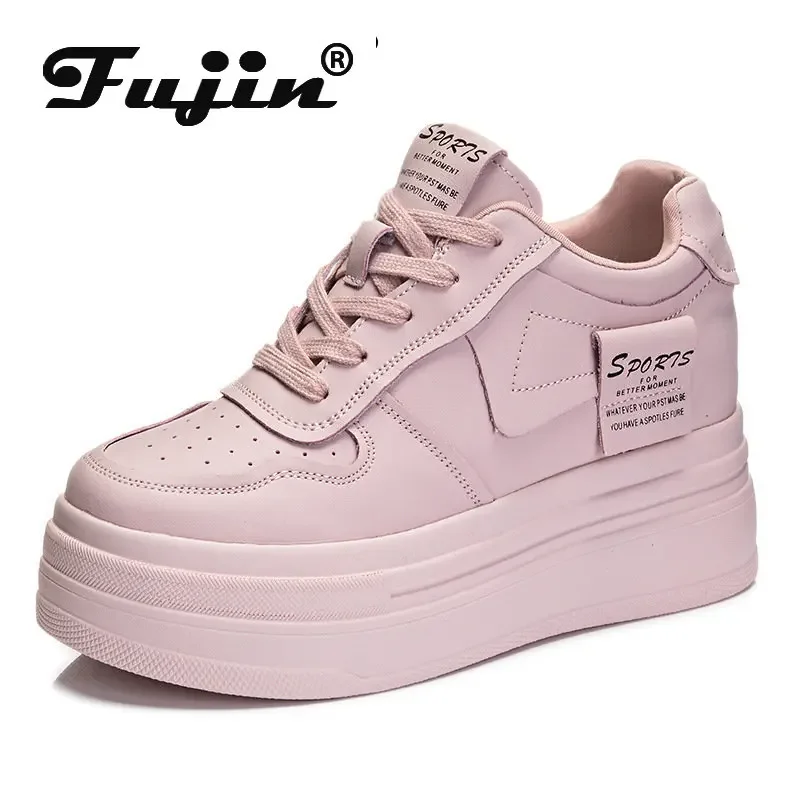 Fujin-Zapatillas de piel auténtica de vaca para mujer, zapatos informales cómodos vulcanizados con plataforma, de marca alta, transpirables, para