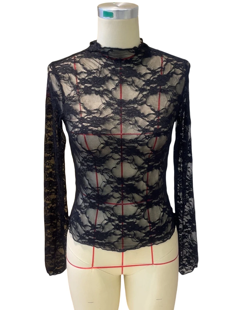 Lace Long Sleeve Tops For Women Sexy Mesh Sheer Shirts Floral Embroidery Slim Fit See Through Blouse