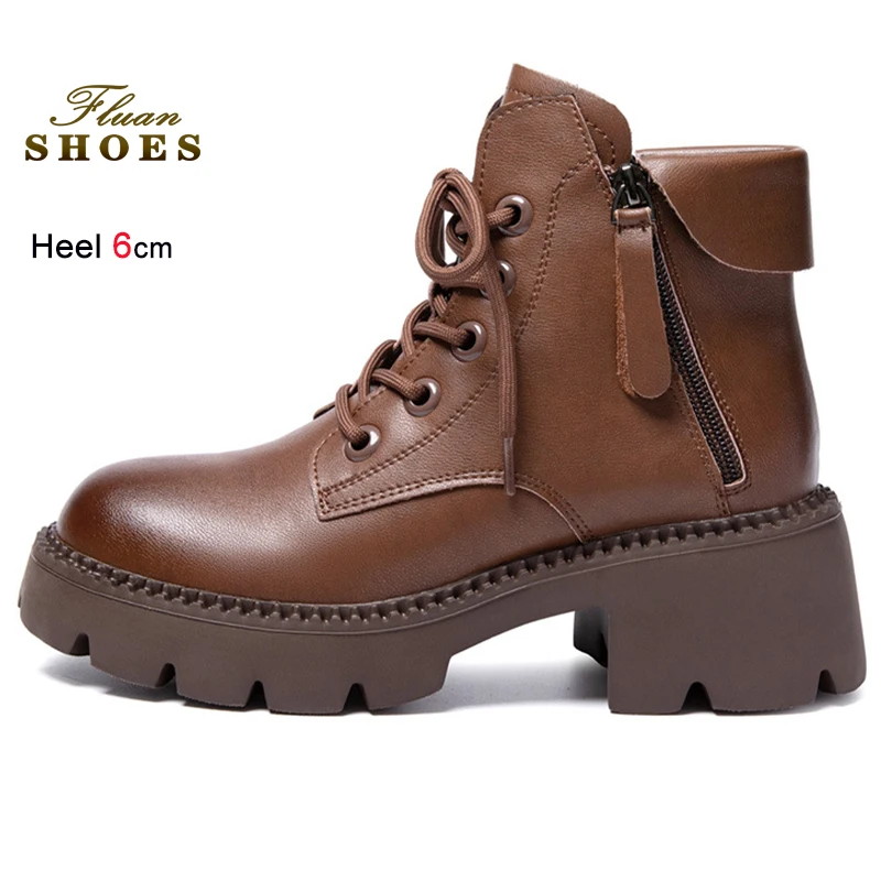 2025 شتاء جديد براون المرأة حذاء من الجلد النمط البريطاني الدانتيل يصل الأحذية جلد طبيعي السيدات أحذية بوت قصيرة الجانب سستة حذاء كاجوال