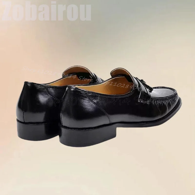 Czarne Sznurowane Loafersy z Frędzlami, Modne Wsuwane Męskie Buty Luksusowe Ręcznie Robione na Imprezę Bankiet Biuro Męskie Buty Codzienne