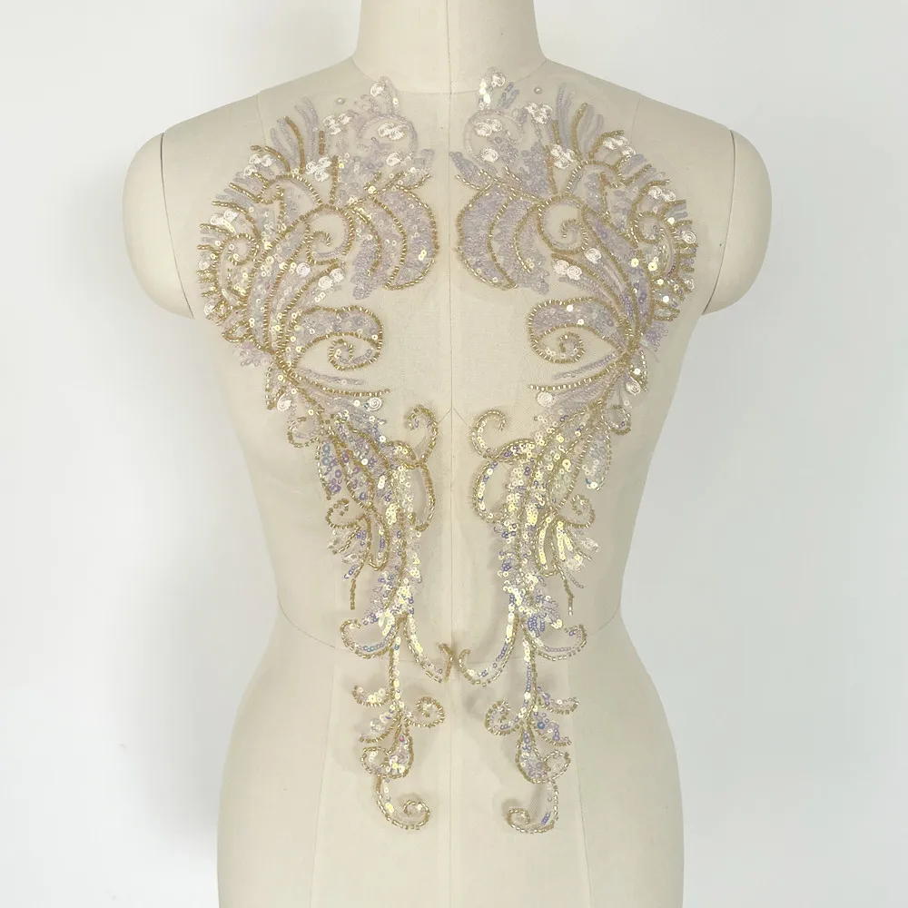 2 шт., кружевная аппликация с золотыми блестками, швейные бусины, нашивка с цветочным воротником для свадебного платья, свадебное платье, декор одежды «сделай сам»