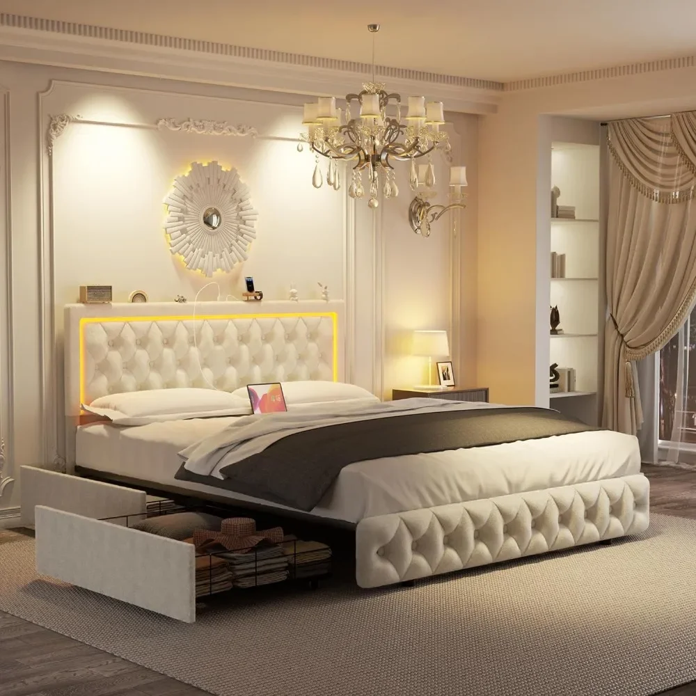 Queen Size Bed Frame with Type-C & USB Ports, Upholstered Platform Beds , Adjustable Button Tufted Headboard, Bed Frame