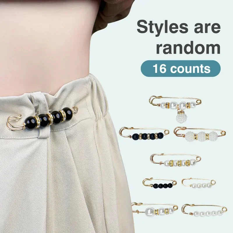 16 Pcs Set Artificial Pearl Waist Pin Clips for Trousers Pants Skirts Dress Waistline Adjusting Shirts Sweater Brooch
