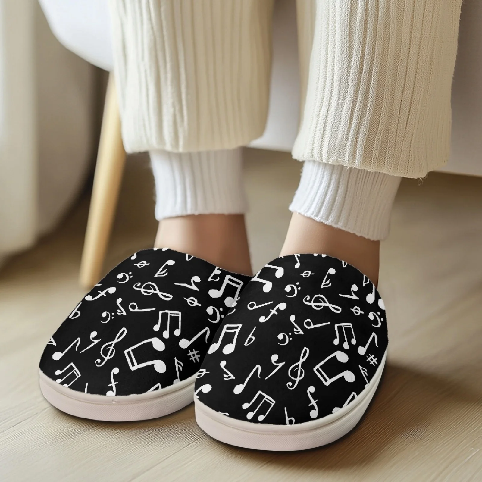 PENSTROLL Musical Note Design Flats Slippers Indoor House Slippers That Don't Squeeze Toes Large Size Fuzzy House Shoes Women