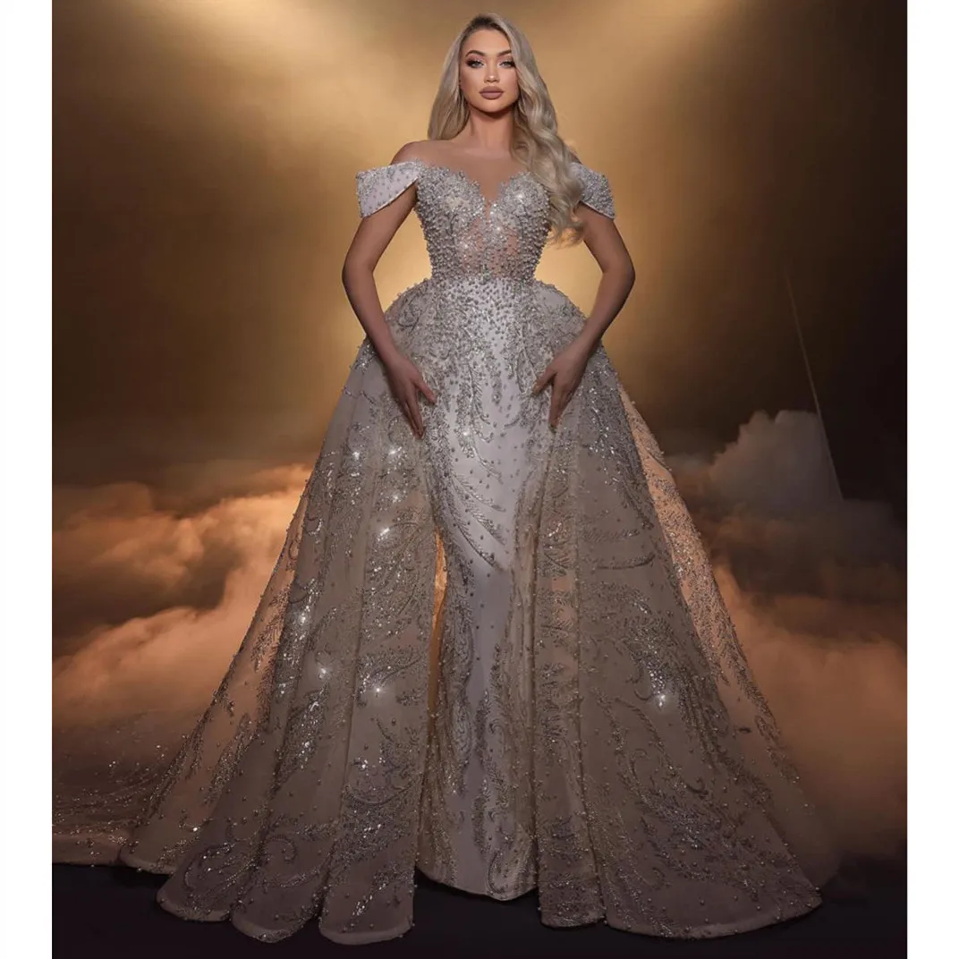 

Exquisite Mermaid Wedding Dress V Neck Sequins Appliques Pearls Detachable Train Formal Bridal Gowns Plus Size Customized
