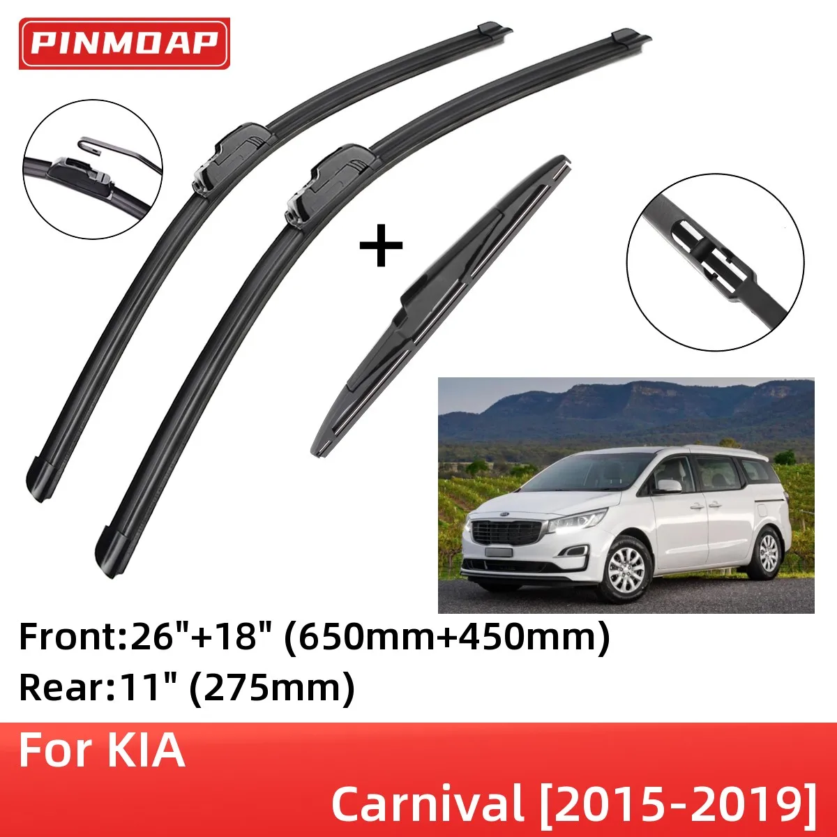 For KIA Carnival 2015-2019 Front Rear Wiper Blades Brushes Cutter Accessories J Hook 2015 2016 2017 2018 2019