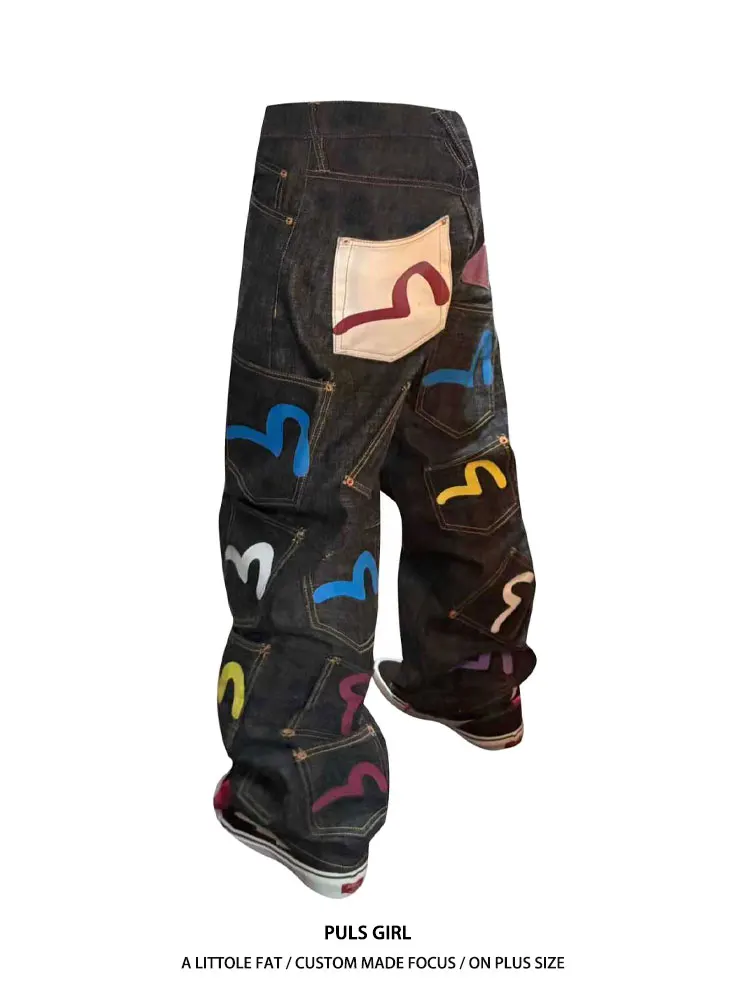 

Womens Large Size American Street Style Washed Heavy Duty Multi Pocket Printed Denim Pants Loose Drapey Wide Leg Jeans