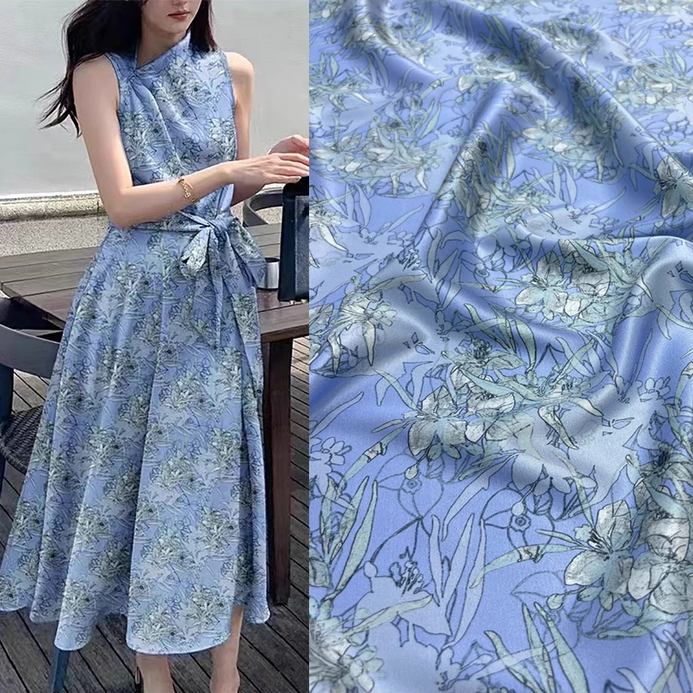 Pure Mulberry Silk Twill 20 momme Width 140cm Blue Florals Printed Silk Stretch Fabric Suits and Dress Material Sale Per Meter