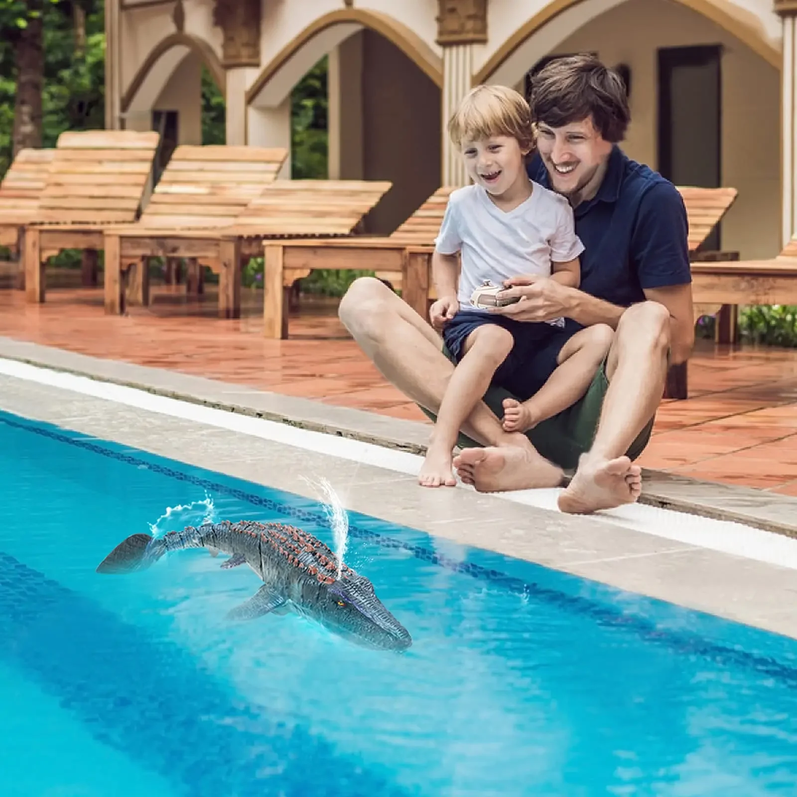 

Remote Control Mosasaurus Aquatic Toy: Water Spray, Movable Tail Joint & Realistic Swimming Action for Kids Bath/Pool