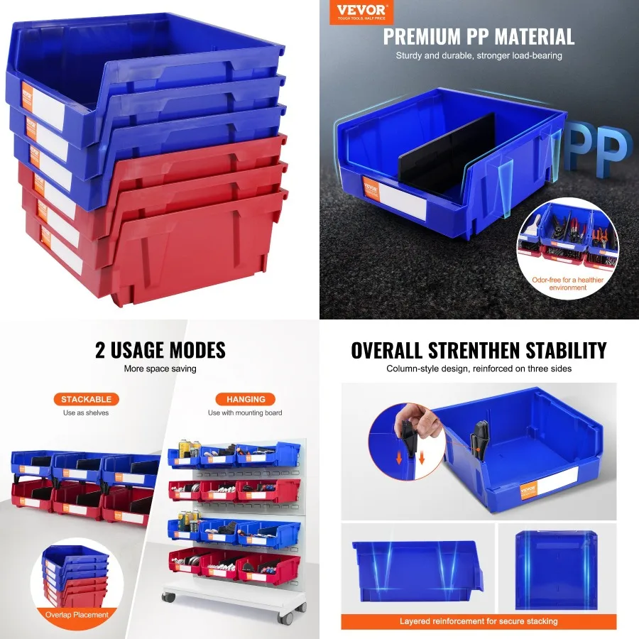 VEVOR contenedor de almacenamiento de plástico de 11 pulgadas x 11 pulgadas x 5 pulgadas, contenedor organizador de almacenamiento apilable colgante, azul, rojo, paquete de 6 Co de apilamiento resistente
