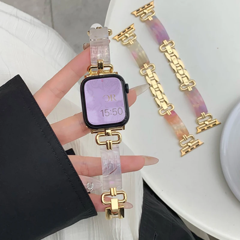 Tali logam Resin untuk Apple Watch, tali 40mm 44mm 45 38 41 gelang warna-warni untuk iWatch Seri 7 8 SE 6 5 3 42mm 49mm Aksesori