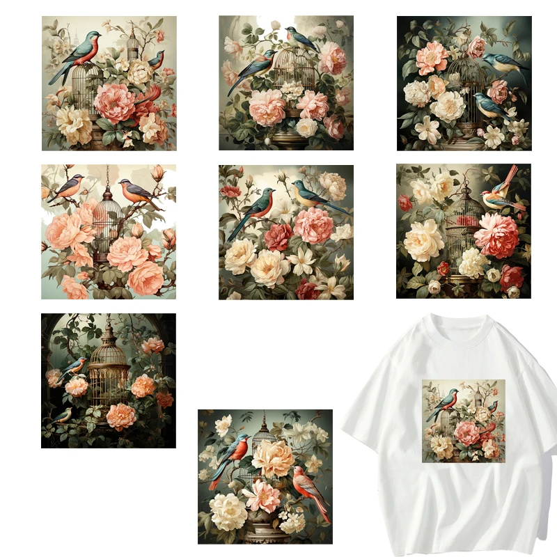 8 types Flower Bird Garden Bird Cage DTF Thermo Sticker Decals Heat Transfer On Clothes Iron On For Hoodies Press Printing
