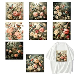 8 types Flower Bird Garden Bird Cage DTF Thermo Sticker Decals Heat Transfer On Clothes Iron On For Hoodies Press Printing
