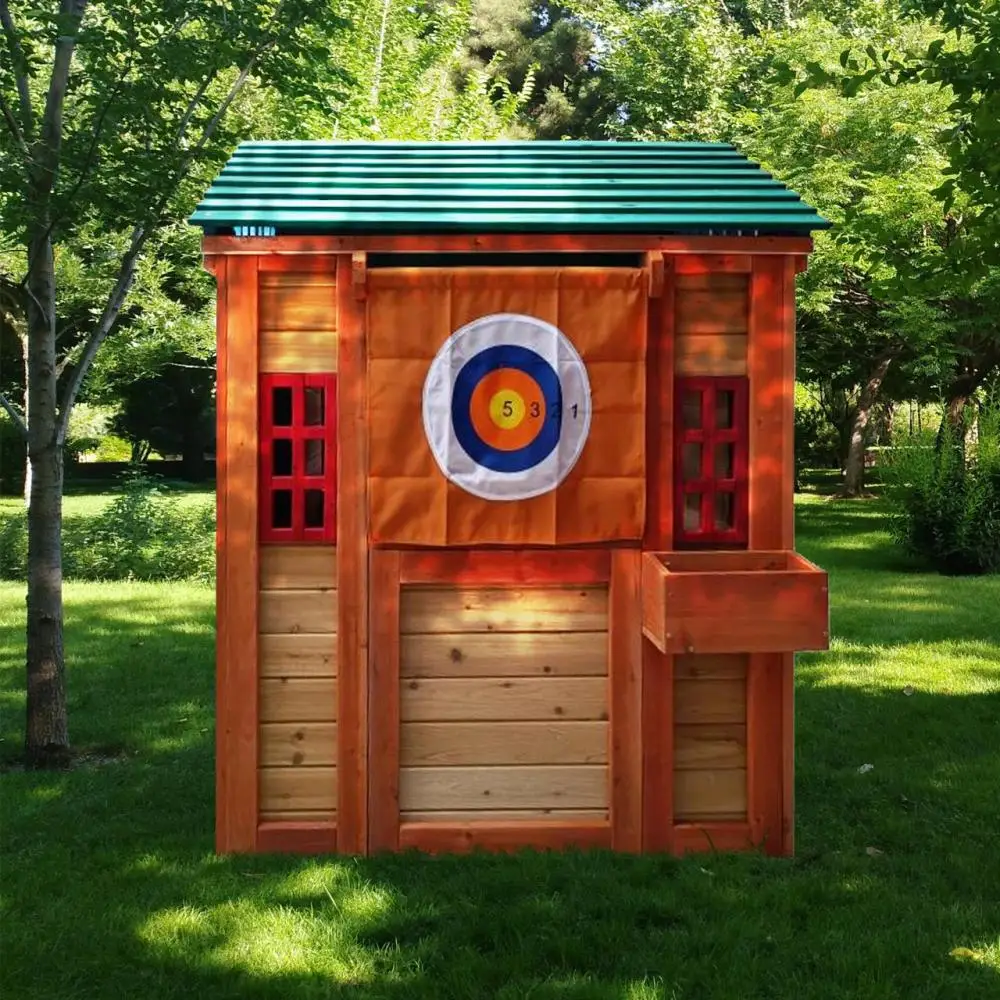 Eco-friendly Outdoor Wooden 4-in-1 Game House Kids Garden Playhouse Different Games Every Surface Solid 61.4