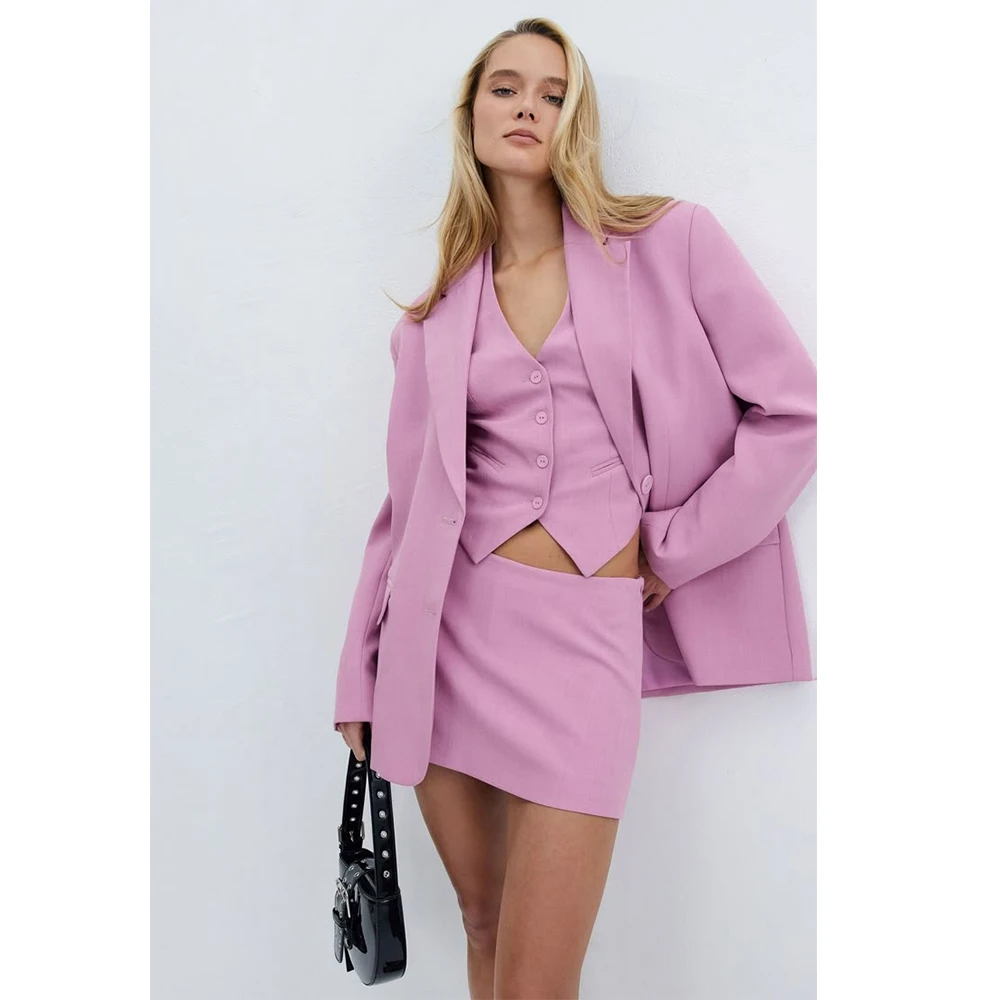 

Tesco 3 Pieces Women's Suit with a skirt Summer Casual Peaked Lapel Blazer Customized Suit Jacket Vest and Skirt Set for Women