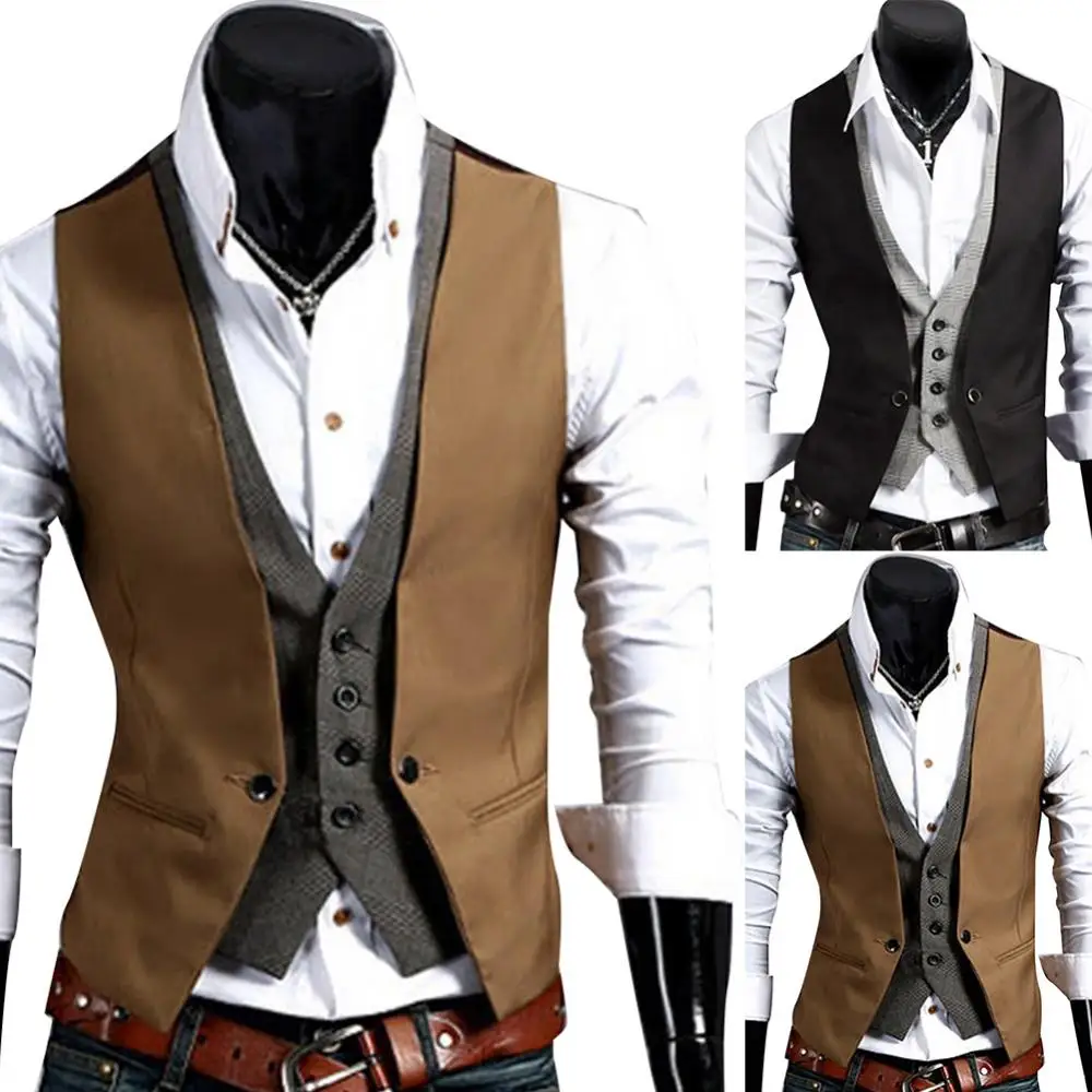 

Fake Two-pieces Men Vests Solid Color Single Button V Neck Sleeveless Vest Men Slims Fit Waistcoat Men Formal Vest gilet homme