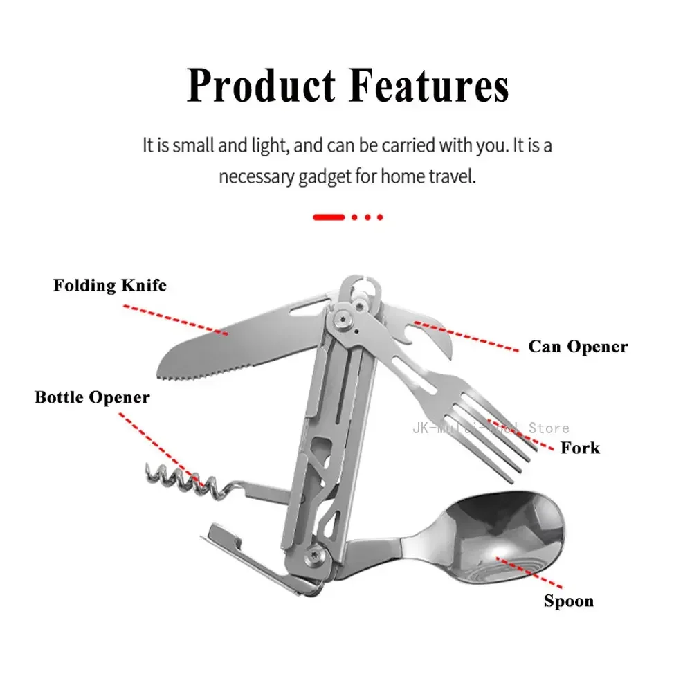 Sliver Outdoor Tableware Multi-function Portable Knife Fork Spoon Bottle Opener Foldable Cutlery Camp Pocket Knife with Detachab