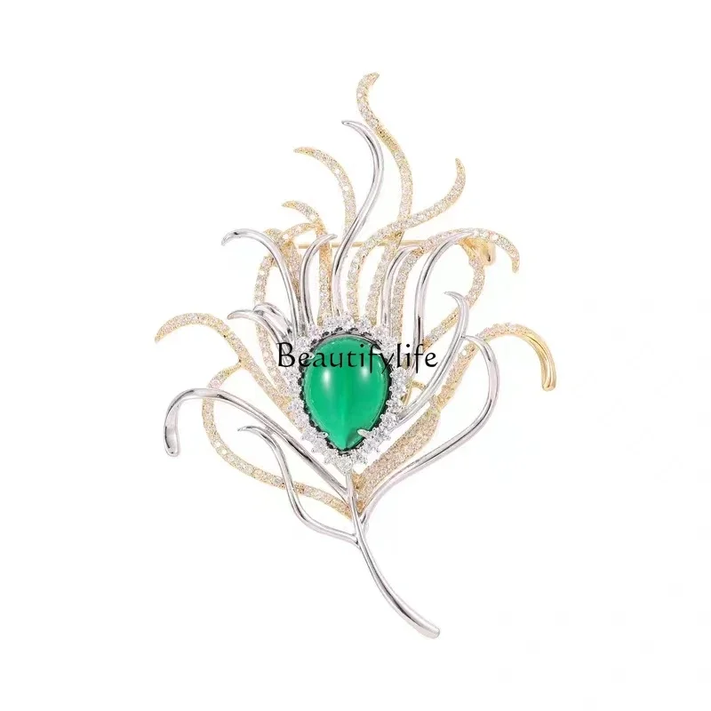 

Premium Emerald Peacock Feather Brooch Women's Suit Coat Jacket Corsage