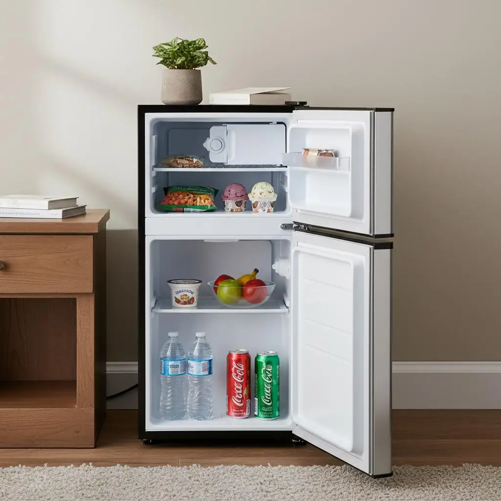 

Compact Chiller 3.2 Cu.Ft For Bedroom Dorm Office, Two Door Design Adjustable Temperature Removable Glass Shelf Energy Saving