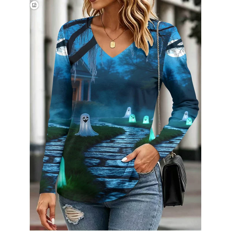 Comfortable skin-friendly and slimming women's clothing with Halloween printsVCollar Long SleeveTCasual everyday wear tops