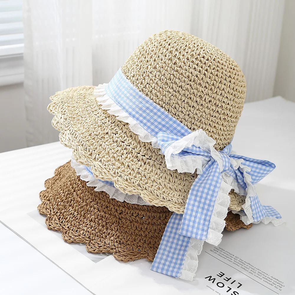 태양 모자 여성용 여름 모자 소녀 달콤한 활 격자 무늬 리본 비치 액세서리 한국어 접이식 해변 휴가 Sunhat 버킷 모자