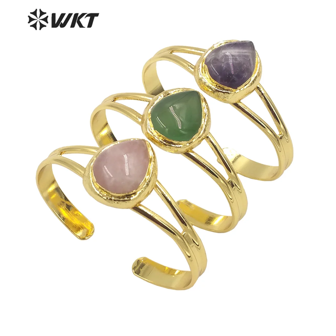WT-B610 Newest fashion gold electroplated drop stone bangle open size pear shape quartz bangle for wedding or annivesary