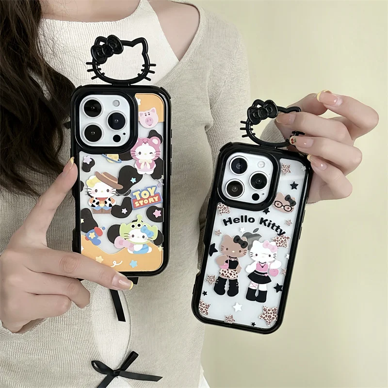

Kawaii Leopard Star Hellokitty Phone Case For iPhone 17 Pro 15 14 Pro Max Back Cover with Kitty Ring Shockproof Cases Funda
