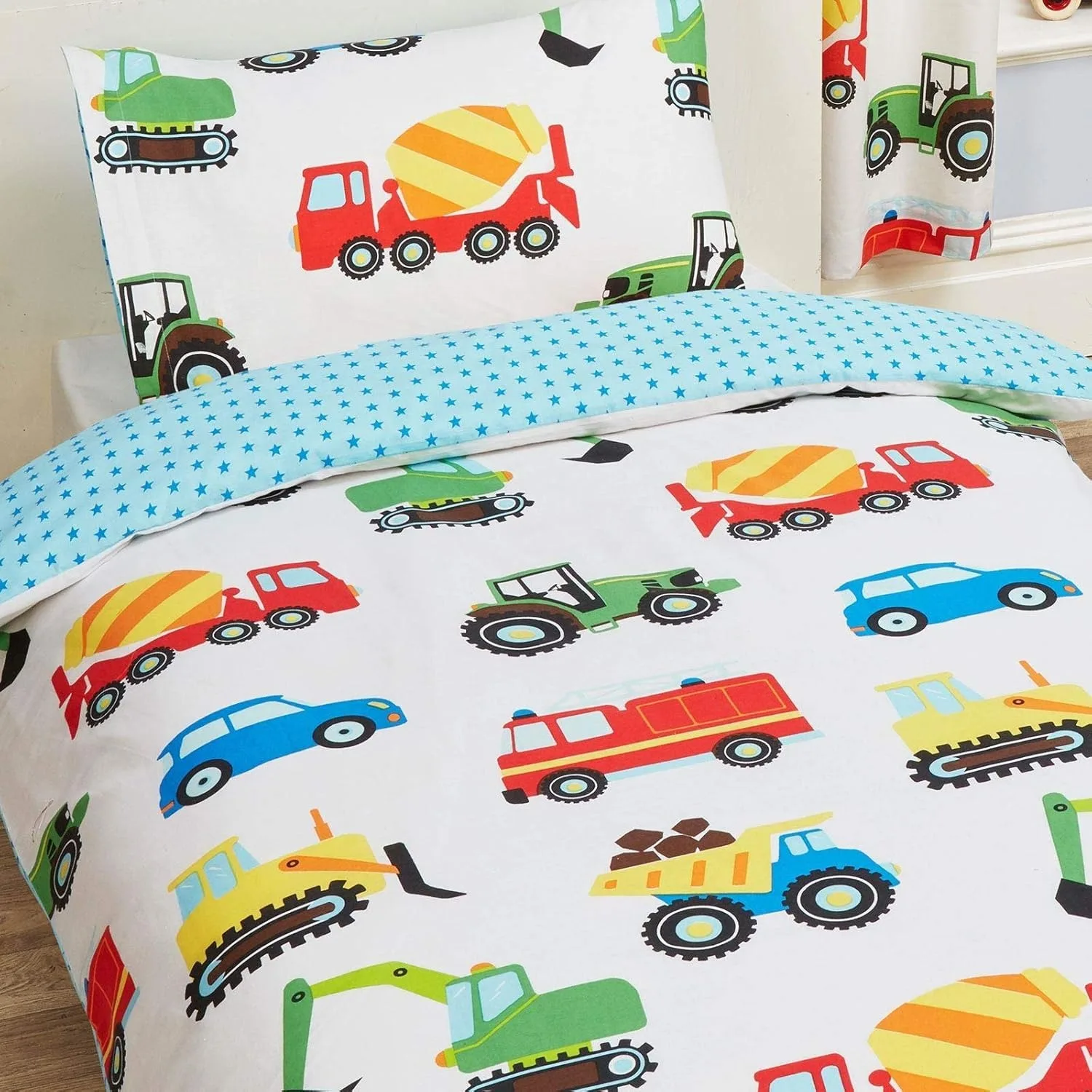 Kids Boys Construction Vehicle Duvet Cover Set Reversible Blue Star Truck Print Soft Microfiber Bedding Set Pillow Covers