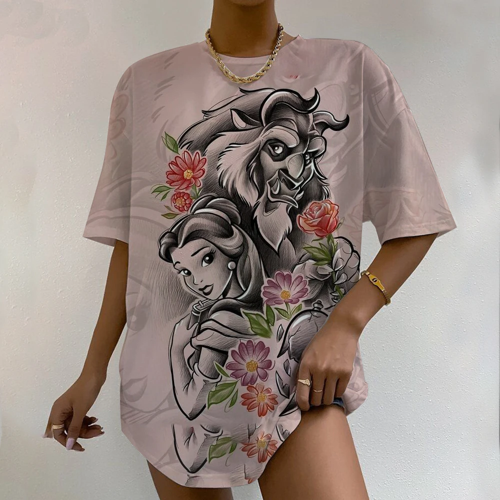 Disney Princess Print T-Shirt mit Rundhalsausschnitt, lässiges Kurzarm-T-Shirt für Sommer-Damenbekleidung, bequeme, weiche, kreative Oberteile