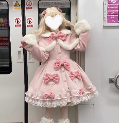 Japanese Style Sweet Cute Bow Plush Cape Collar Single-breasted A-line Slim Fit Thickened Warm Long Woolen Coats Women Winter