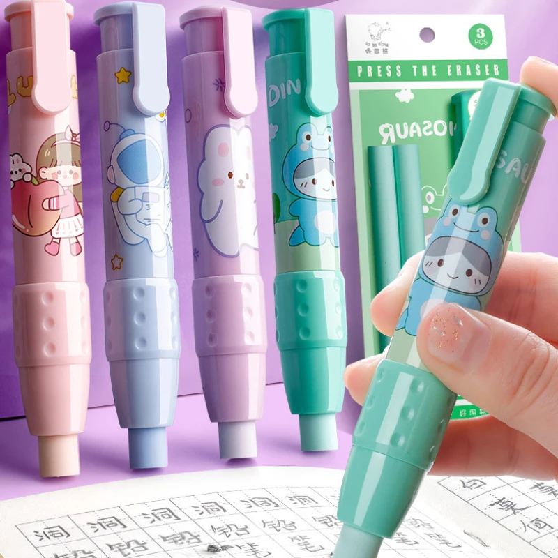 Pressing Cartoon Pencil Eraser Pen Type Cute Eraser Replaceable Rubber Core School Student Rubber Eraser Kid Gifts Office Eraser