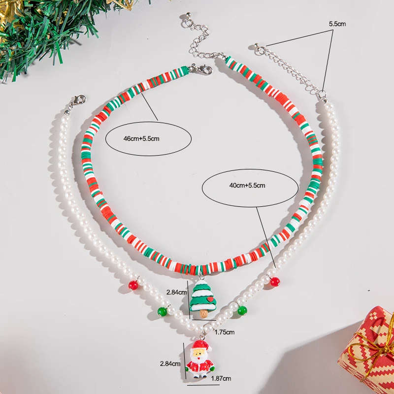 Tocona Christmas White Bead String Pendant Necklace for Women Cute Double Layered Christmas Tree Charms Holiday gifts Jewelr