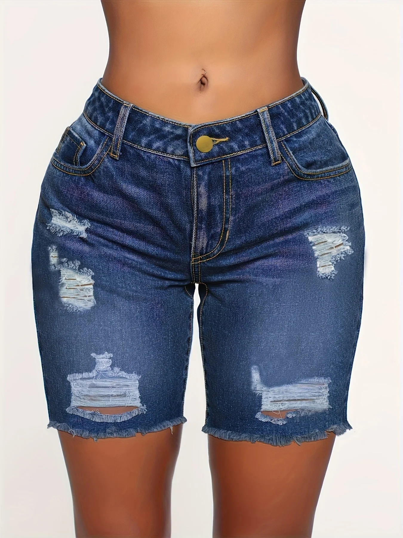 Women Stretch Slim Denim Shorts Pocket Casual Ripped Denim Shorts