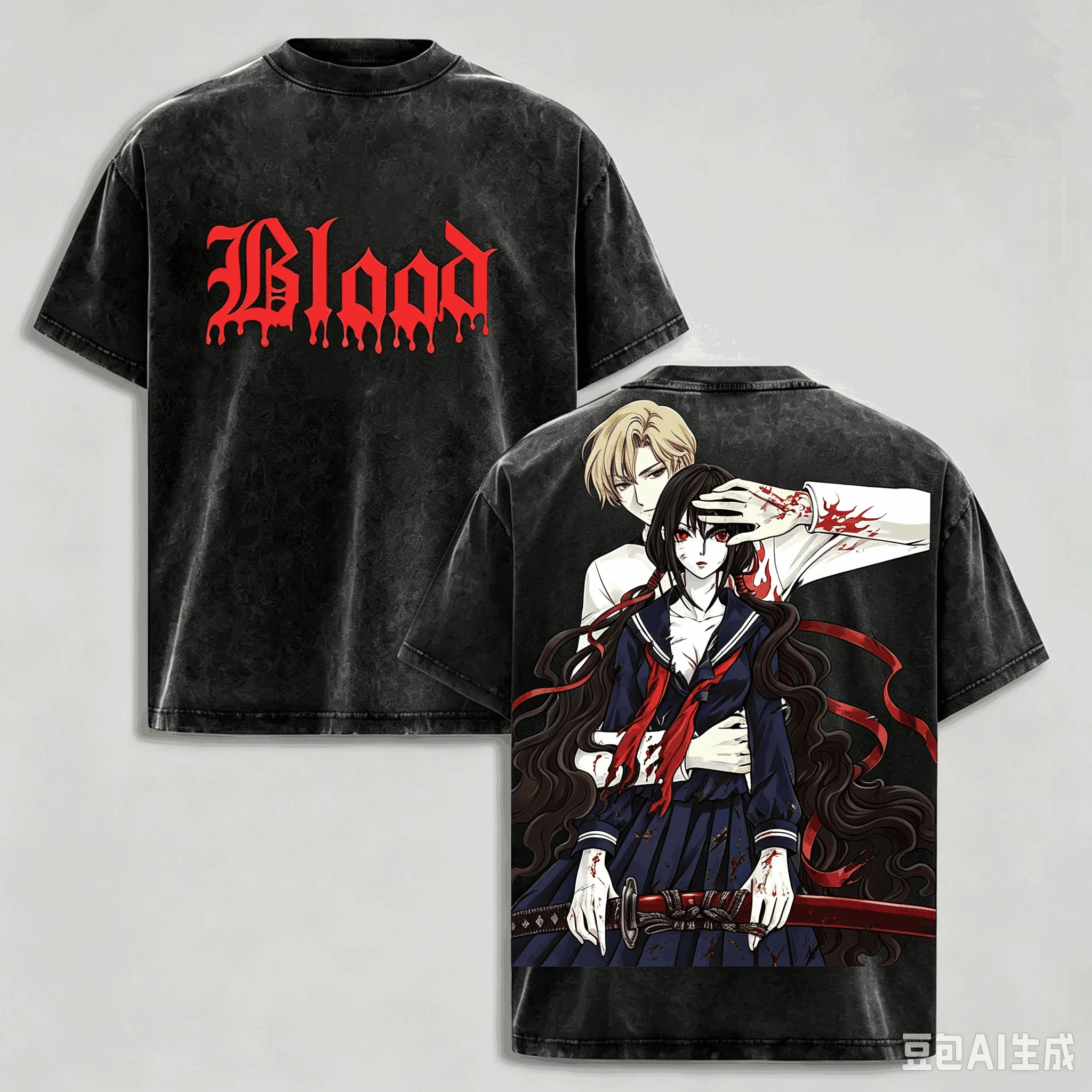 BLOOD-C Washed T-shirt Oversized Unisex Vintage Loose Streetwear Trendy Cotton Harajuku Comfortable hot product high quality tee