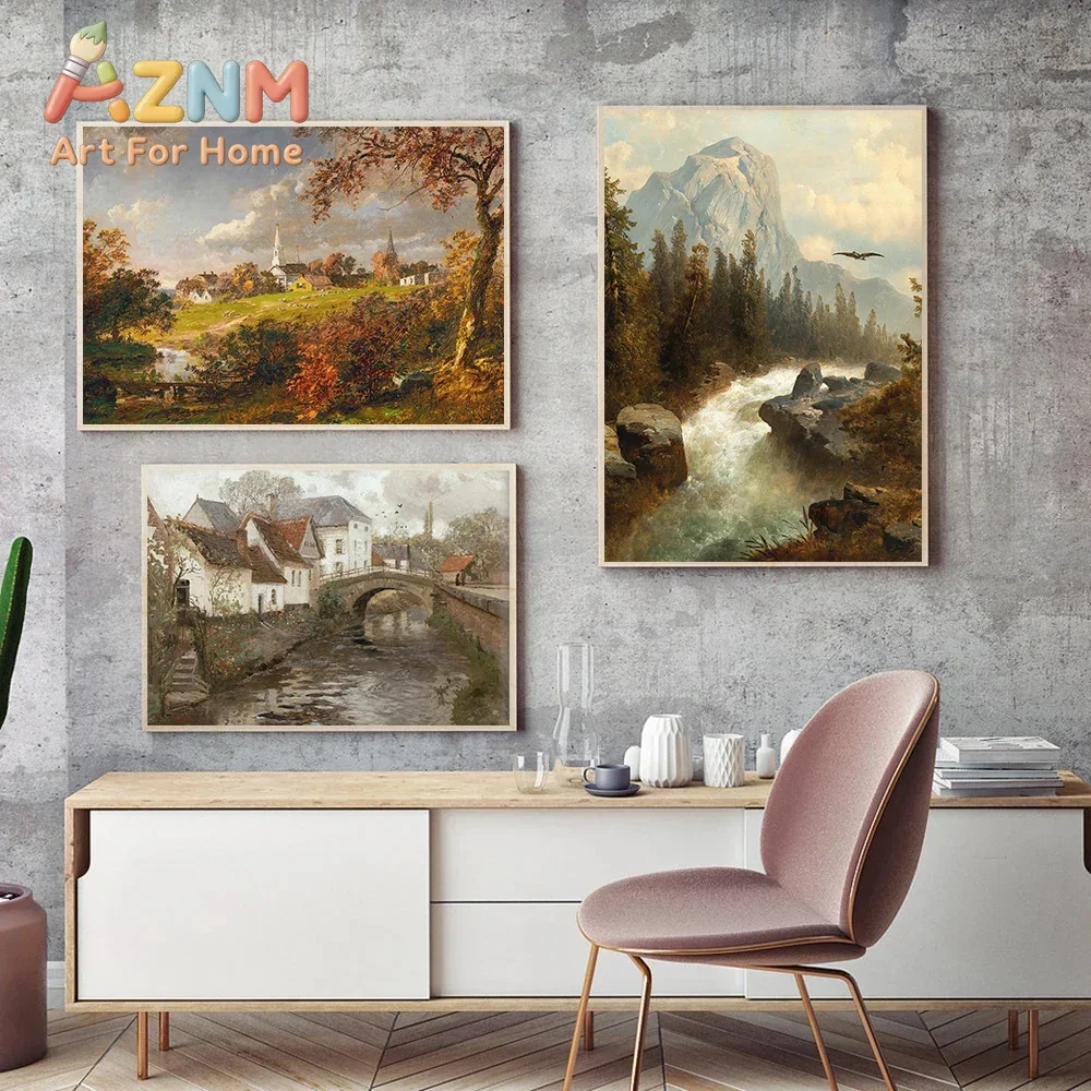 Canvas Painting Nordic Autumn Rural Farmhouse Forest Mountain River Landscape Retro Print Wall Art Picture Home Decor Wall Decor
