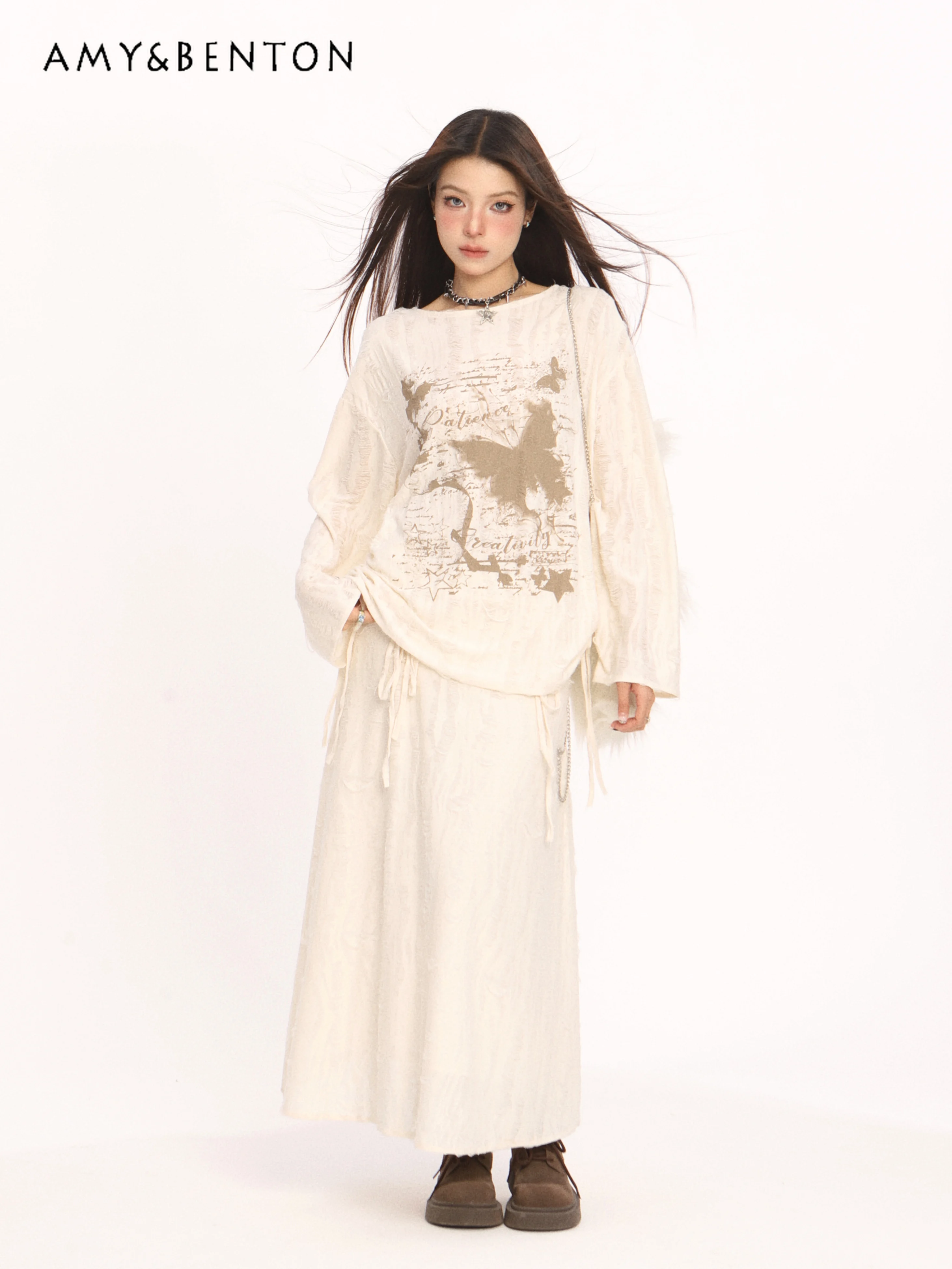 

2025 Summer and Autumn Drawstring Long Sleeve Blouse Top Casual Style Long Skirt Butterfly Print Women's Skirt Set