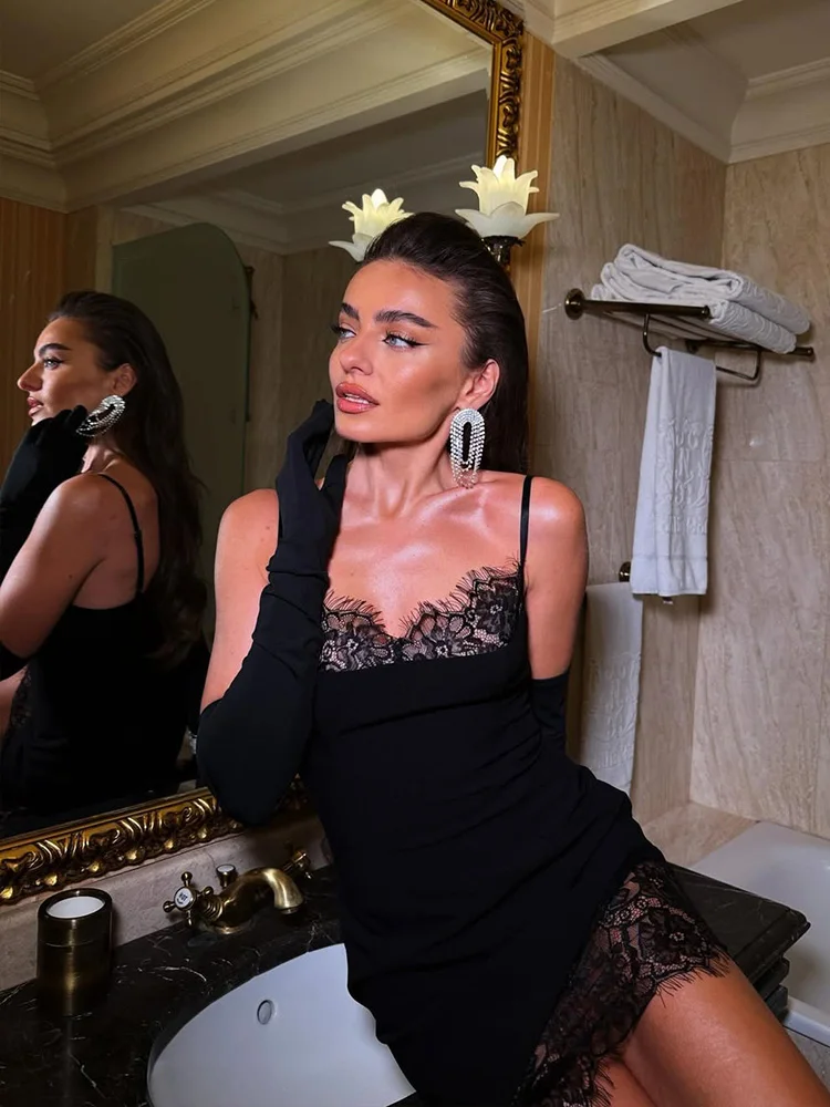 여성용 솔리드 패치워크 레이스 드레스, 섹시한 스트랩 민소매 V넥 시스루 미니 원피스, 슬림핏 여성 의류