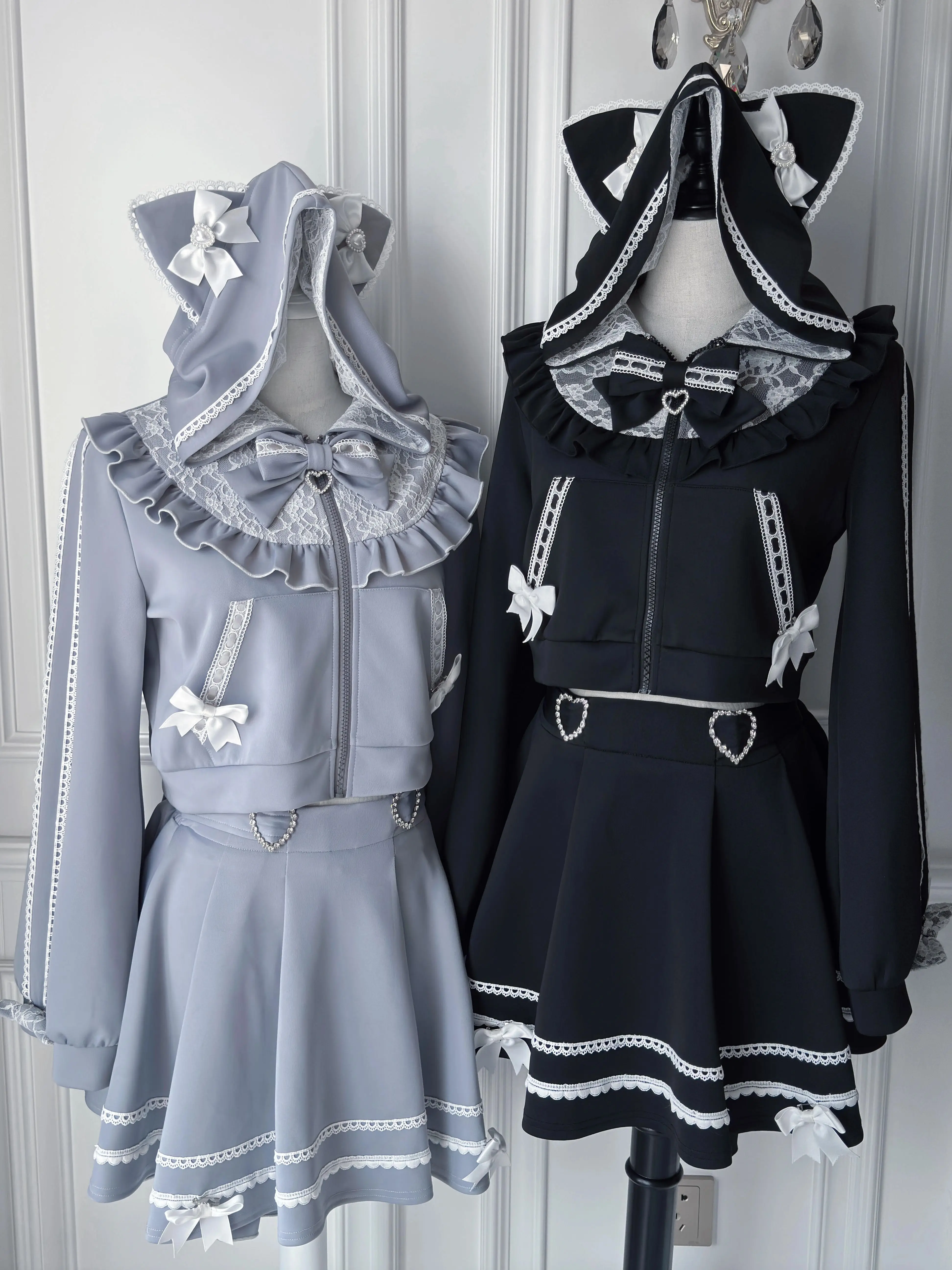 Japanese Gothic Jirai Kei Lolita Cat Ear Hooded Short Coat & Skirt Sweet kawaii Subculture Outfit Lace Sweatshirt for Women