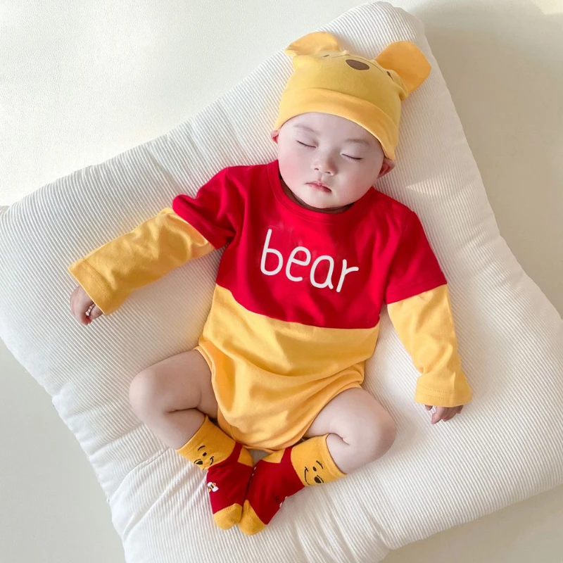 Cosplay Newborn Baby Rompers Sock Hat 3pcs Set Cartoon Mickey Mouse Pooh Boys Girls Jumpsuit Infant Costume Long Sleeve Bodysuit