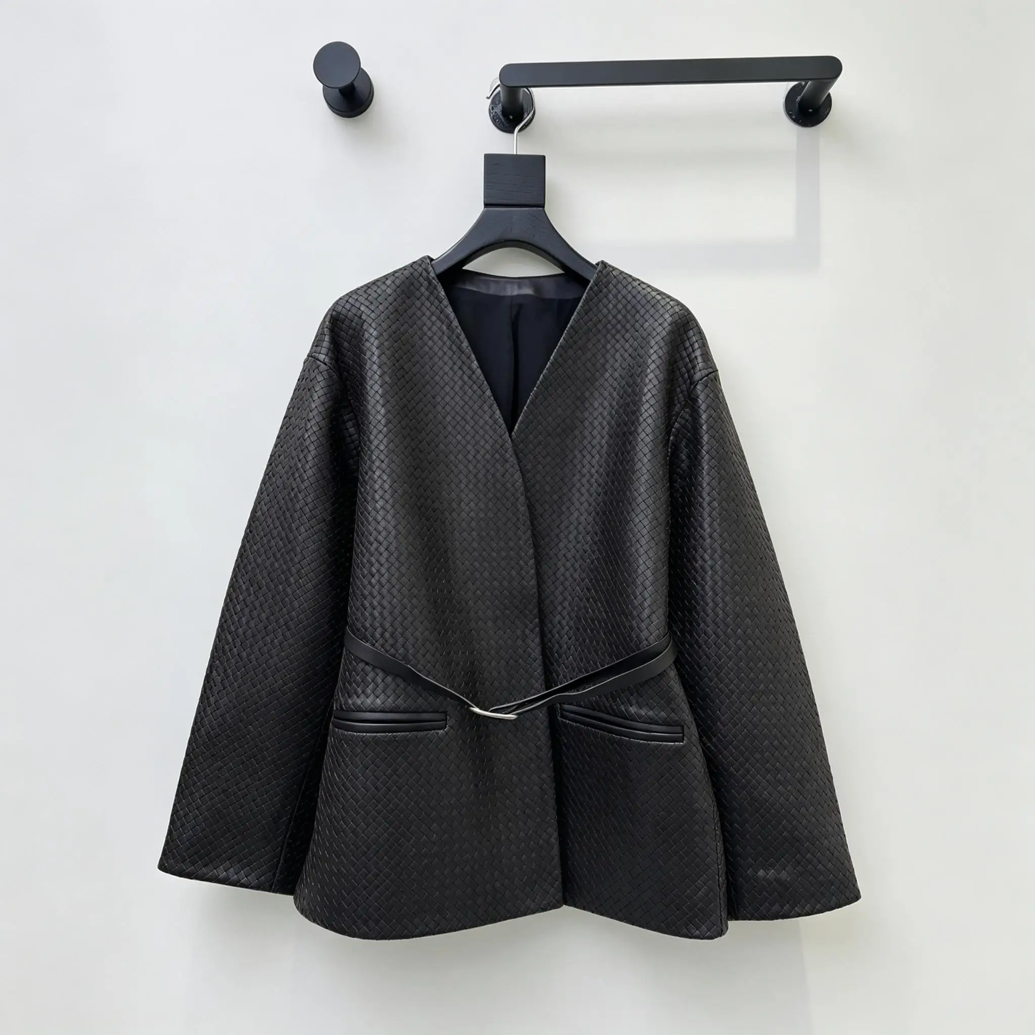 Women Woven Faux Leather Jacket V Neck Belt Decor Casual Coat