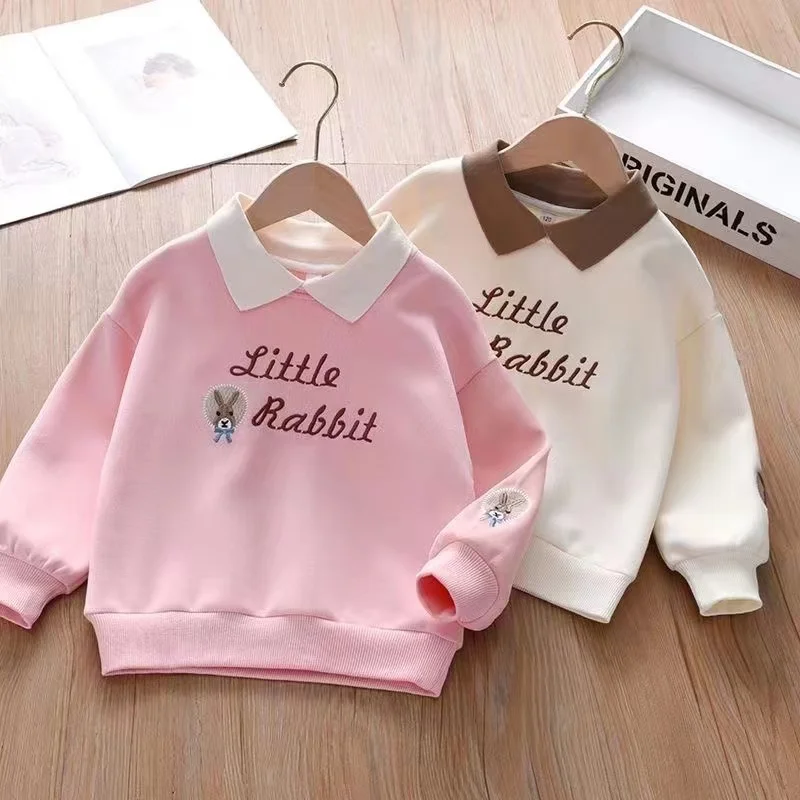 

Autumn And Winter Girls Sweater Plucked 2024 New Fashionable Fake Two Piece Lapel Children's Winter Plushed Thickened Top Kids