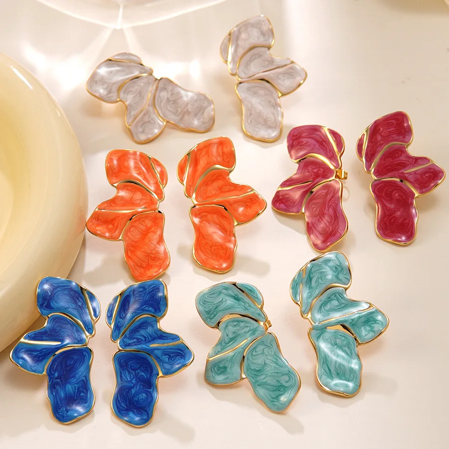 Edelstahl-Blumenohrringe für Damen, trendige rot-blaue-gelb-grüne Emaille-Blütenblatt-Ohrringe, hypoallergener Schmuck