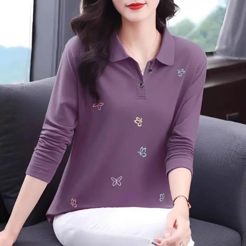 Long Sleeved T-shirt for Women Spring Autumn Collection Trend Ystylish. Mom's Lapel Polo Shirt Oversized Loose Top Base Shirt