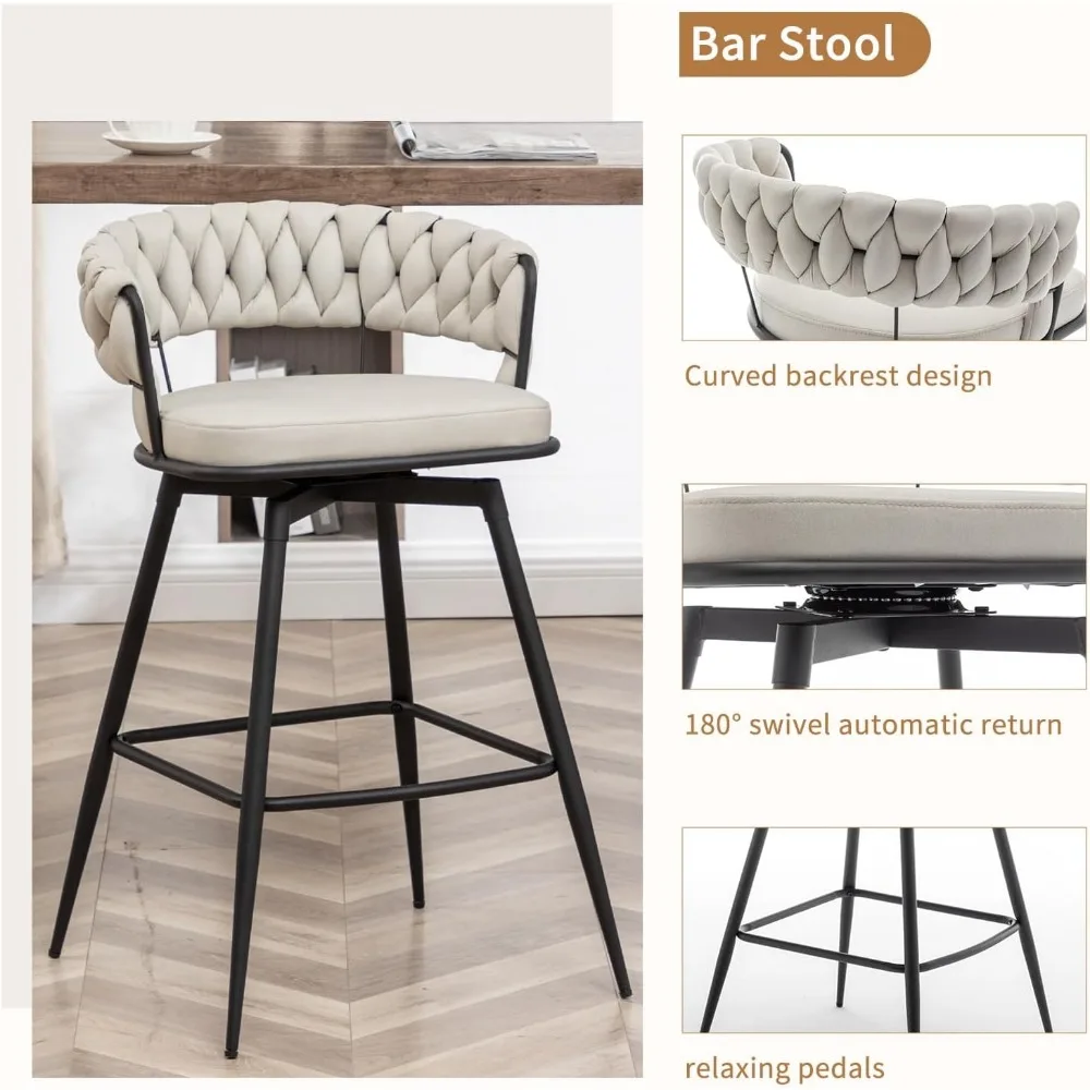 Conjunto de 4 bancos de bar com altura de balcão, cadeiras de bar modernas de 26 polegadas com encosto tecido, 360 °   Bancos de bar giratórios para ilha de cozinha, café