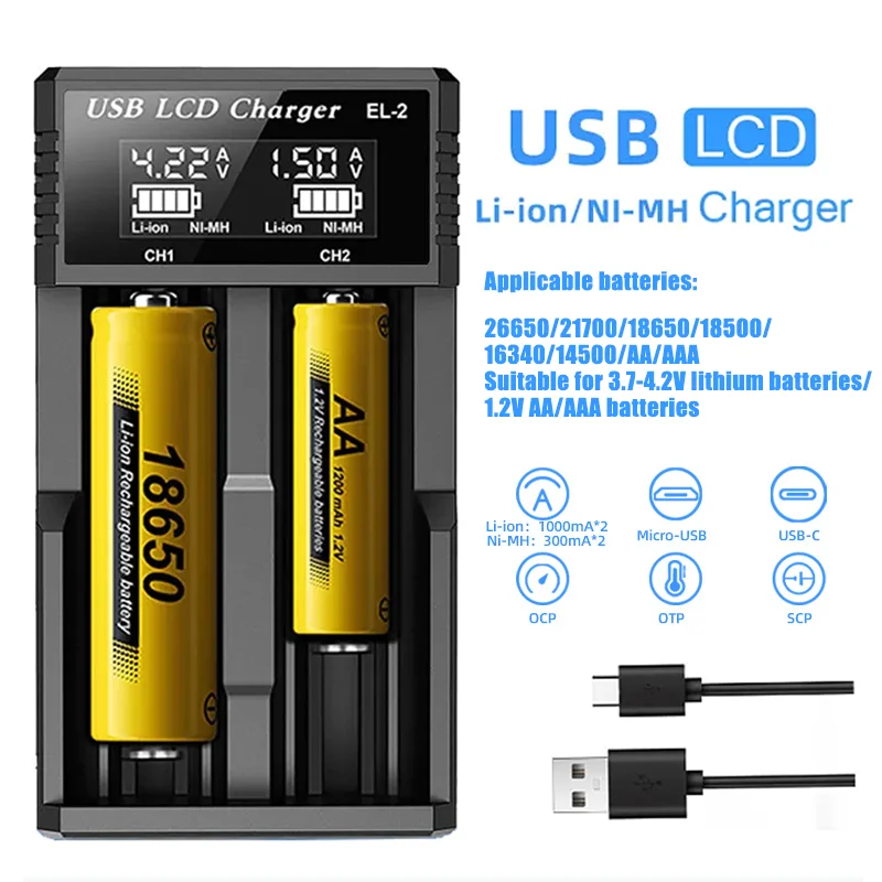 USB LCD Battery Smart Charger 18650 Battery Charger 1 / 2 Slots Dual for3.7V Rechargeable Battery for 1.2V NI-MH AA / AAABattery