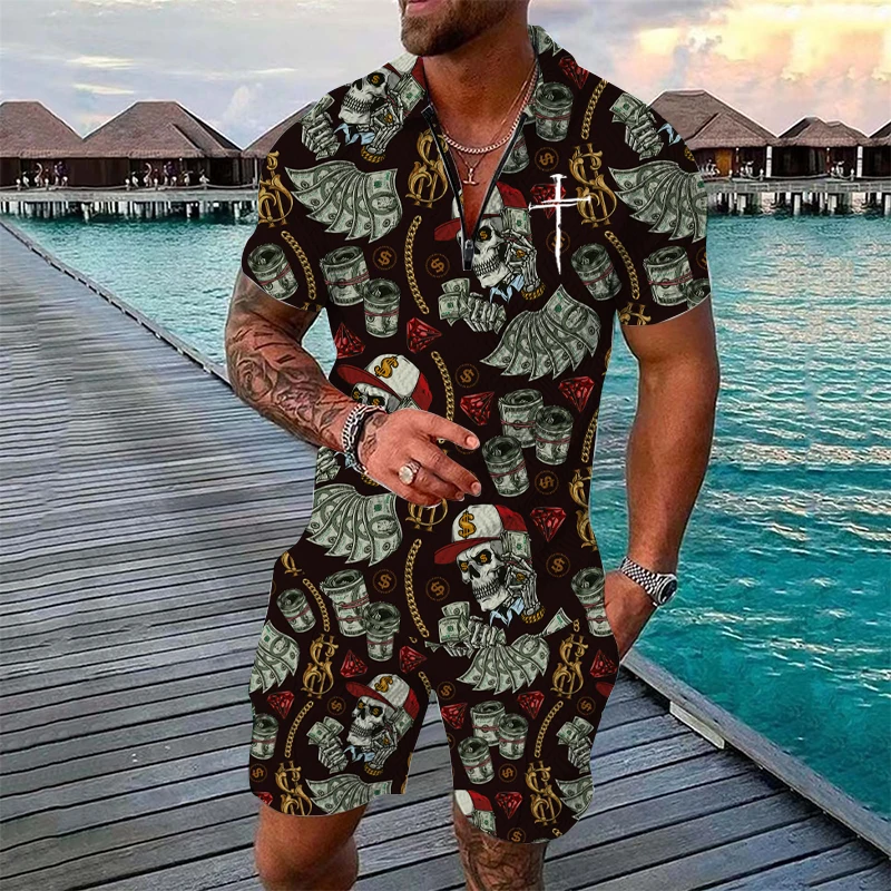 

Fashion Skull Pattern Men's Short Sleeve Set Zipper Collar Shirt Shorts Two Piece Set Summer Hip Hop Pop Loose T-shirt Top Set