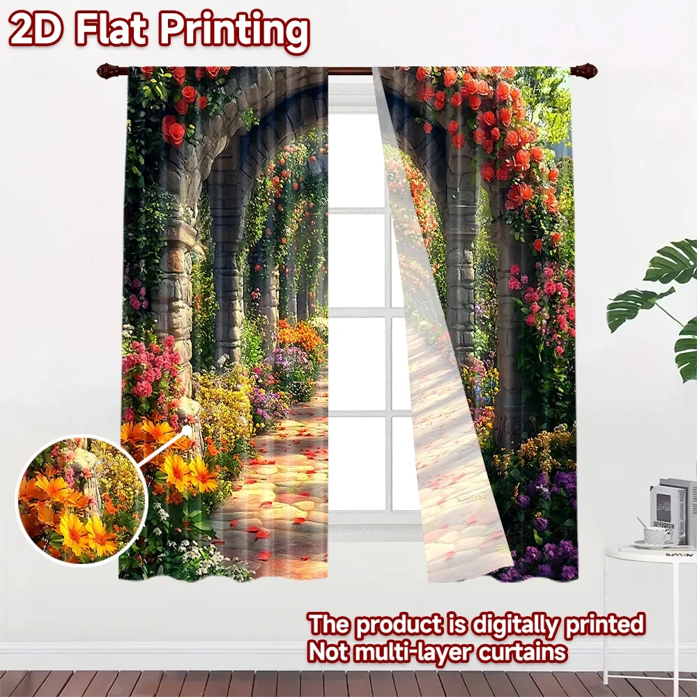2D flat 2pcs Curtain Country Style Rose Garden Archway Path Digitally printed polyester Party & Holiday Decor for Holiday Home