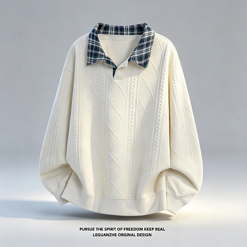 Herren-Sweatshirt mit Kontrastkragen und langen Ärmeln, Herbst-Diamant-Jacquard-Strick, lockere Passform, lässige Oberteile, halber Reißverschluss, Alltagskleidung – Detail 5