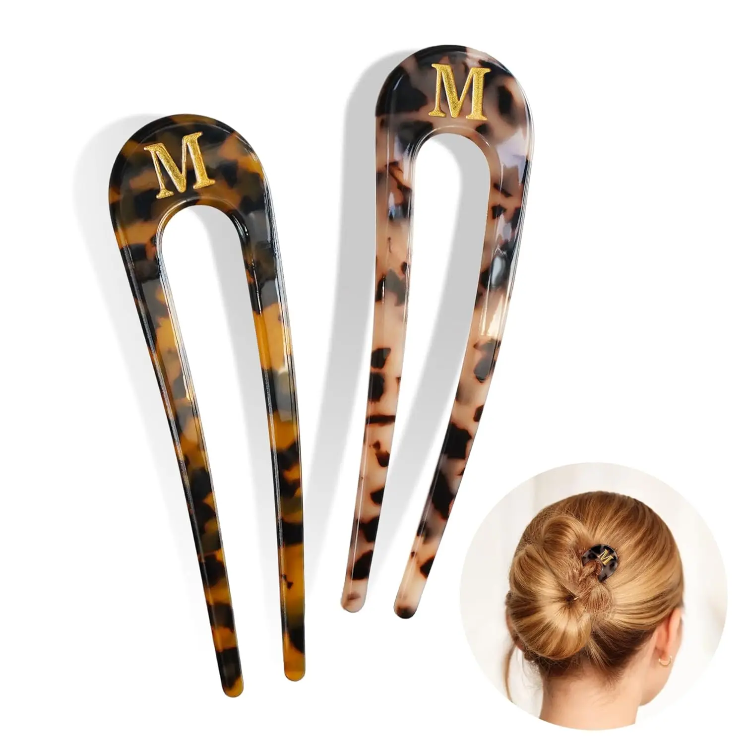 

2 Pcs 5.3 Inch Acetate Hair Forks - Tortoise Shell Initial French Pin for Women, Cute Hair Accessories, Valentine's Day Gift